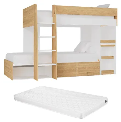 Produktbild von Etagenbett mit Schreibtisch & Stauraum - 2 x 90 x 190 cm - Holzfarben & Weiß + Matratze - LOMIDEN