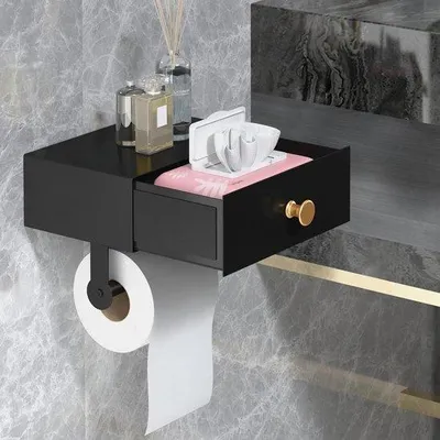 Immagine prodotto di Borsa da bagno, nera, senza foratura, con scomparto per salviettine umidificate, borsa da bagno, borsa da bagno con ripiano per il bagno, autoadesiva o da fissare con foratura
