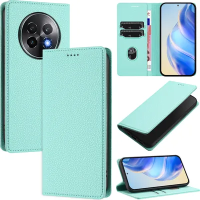 Produktbild von Litchi Leder Handyhülle für Realme 13+/Realme 13 Pro Wallet Kartenfächer Standfunktion Hülle Türkis