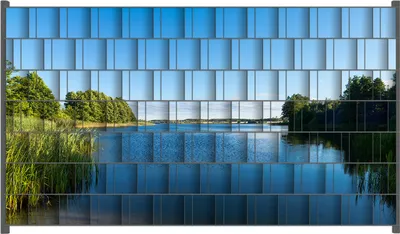 Produktbild von Wallario Zaunsichtschutz mit Motiv Malerischer See mit Schilf unter blauem Himmel für Ein- und Doppelstabmatten Zäune in der Größe 250 x 140 cm