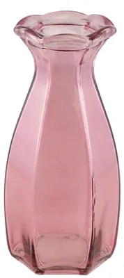 Rosa Glasvase Corolle mit schlanker Form und gewelltem Rand auf hellem Hintergrund.