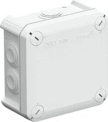 A white electrical junction box with multiple entry points.