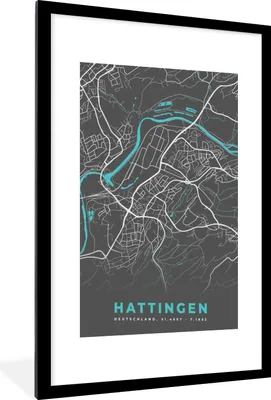 Produktbild von MuchoWow® Gerahmtes Poster Hattingen - Stadtplan - Blau - Karte - Deutschland 60x90 cm - Poster mit Schwarzem Bilderrahmen Wandposter Rahmen Foto Bilder - Dekoration - Wandposter Wohnzimmer - Hochwertig