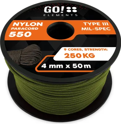 Produktbild von GO!elements 50m Paracord Seil aus reißfester Nylonschnur - 4mm Paracord 550 Typ III Schnur - geeignet als Allzweckseil & Reepschnur - Max. 250kg, Farbe: Oliv