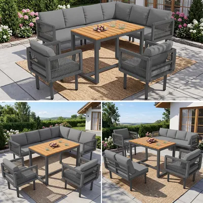 Produktbild von Gartenlounge Set 6-teilig mit Ecksofa, 2 Sesseln & Tisch, wetterfestes Stahlgestell, Seilgeflecht, Sitzkissen, für Balkon Terrasse Garten,Grau/Beige