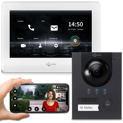 Produktbild von GOLIATH IP Aufputz Video Türsprechanlage Set für 1 Familienhaus (Anthrazit 180° Türstation, 7" Touchscreen Monitor Weiß, App)