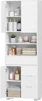 Image de Armoire haute - Armoire de rangement avec tiroirs - Rangement pour salle de bain - Étagères réglables - 60 x 190 cm - Blanc