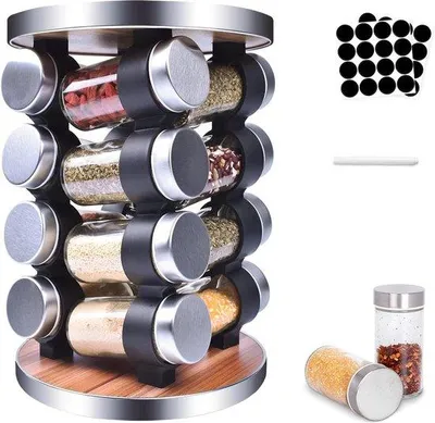 Obrázek produktu pro Stojan na bylinky s 16 přihrádkami, otočný karusel na bylinky, stojan na bylinky, úsporný úložný systém, kuchyňský organizér, štítky