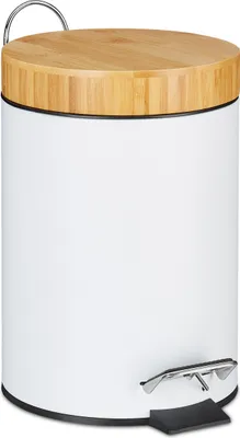 Immagine prodotto di Relaxdays Cestino da bagno, 3 l, cestino per cosmetici con chiusura automatica, coperchio in bambù, secchiello interno estraibile, cestino a pedale, bianco
