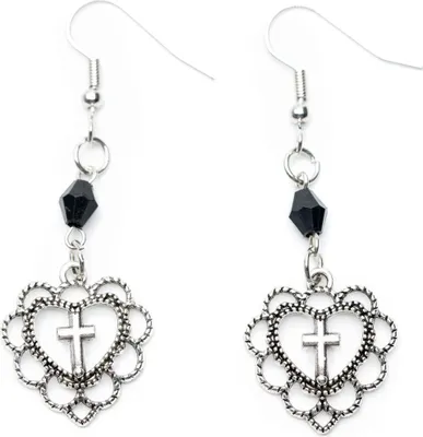 Produktbild von Herz mit Kreuz Ohrringe Miniblings Hänger Kreuze schwarze Perle Gothic silber
