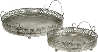 Produktbild von Vintage-Tablett-Set Silbern, Dekotablett Rund, Kerzentablett Antik-Look, Metall Orientalisch, 2 Größen