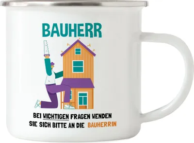 Produktbild von Bauherr Emaille Tasse Richtfest Hausbau Häuslebauer Geschenk Einzug Eigenheim Lustig Sarkasmus