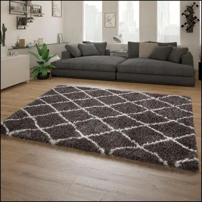 Immagine prodotto di Tappeto grigio per soggiorno morbido e accogliente con motivo a rombi Shaggy Flokati a pelo lungo Dimensioni 60x90 cm