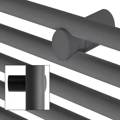 A close-up view of a dark gray radiator with a detail inset showing a connection point.