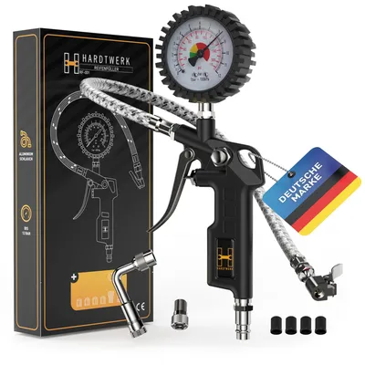 Produktbild von Hardtwerk® Reifenfüller Reifendruckprüfer, Manometer 0-12 bar, Edelstahl Schlauch, für Auto und Motorrad