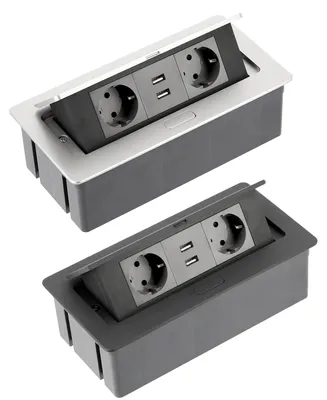Produktbild von Tischsteckdose Bodensteckdose Küchensteckdose Büro 2-fach 2 USB Aluminium silber schwarz