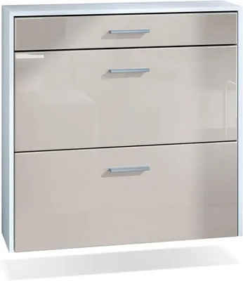 Produktbild von Schmaler hängender Schuhschrank Roma Air mit 2 Klappen und 1 Schublade, platzsparender Schuhkipper für Flur, Diele und Garderobe, Weiß matt/Sandgrau Hochglanz (89 x 87 x 23 cm)