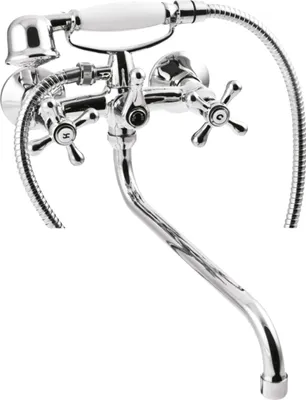 A chrome-plated bathtub faucet with a white handle and a handheld shower attachment.