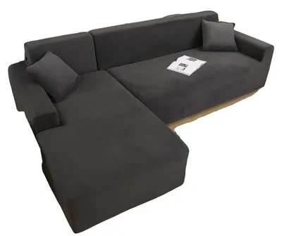 Produktbild von Samt Sofabezug, L-förmiges Design, hochdehnbare Stoff, Dunkelgrau, 3-Sitzer-3-Sitzer