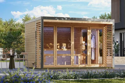 Productafbeelding van Karibu Saunahuis Buiten sauna Tuin sauna Ares 4, onbehandeld, oven 9 kW, externe bediening, easy, 38 mm massief hout, 359x276x232 cm