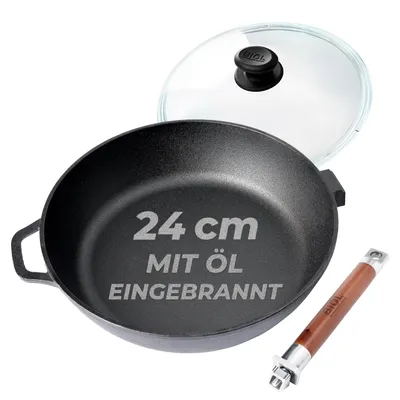 Produktbild von BIOL Tiefe Gusseiserne Pfanne 24cm mit Glasdeckel und abnehmbarem Holzgriff