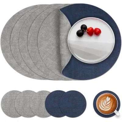 Productafbeelding van Tafelsets, vaatwasmachinebestendig, lederlook, rond, diameter 36 cm, set van 6, grijs/blauw