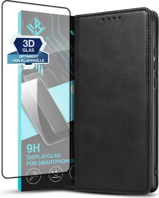 Produktbild von Handyhülle für Xiaomi Redmi Note 13 Pro+ 5G mit 9H Displayglas Kunstleder Flip Cover Hülle Handytasche Case Kartenfach Farbe: Schwarz