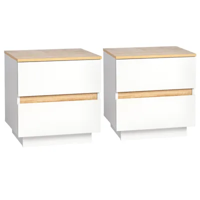 A pair of white bedside tables with wood-toned accents.