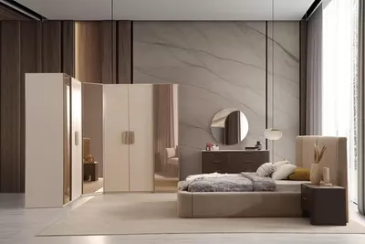 Produktbild von Beiges Schlafzimmer Set Designer Polsterbett Schminktisch Eckschrank