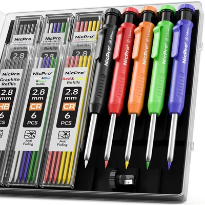 Immagine prodotto di Set di matite per segnare fori profondi, composto da 5 matite e 41 mine, ideale per la lavorazione del legno e per l'edilizia