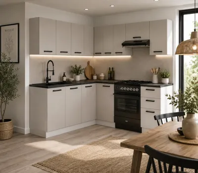 Produktbild von ULWEHOME | Eckküche 300 cm Kaschmir, L-Küche Küchenmöbel-Set Beige mit Eckschrank, Hängeschränken & geteilten Arbeitsplatten 160 cm, KI-generiertes Bild