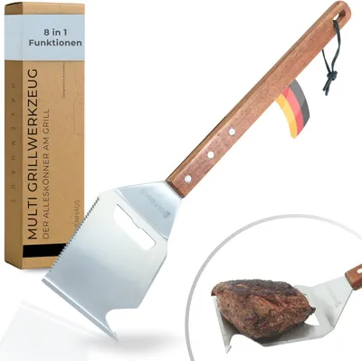 Produktbild von Multi Tool Grillspachtel | 8 in 1 Grillwerkzeug | Der Alleskönner auf dem Grill mit elegantem Akazienholzgriff | hochwertiges Grillbesteck Edelstahl