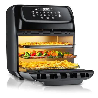 Produktbild von Arendo Heißluftfritteuse 12L, Mini Backofen, 1800W, Edelstahl, schwarz, 12 Programme, BPA-frei, inkl. 2 Gitterbleche & 1 Abtropfblech – Maße: Außen H37,5x B32,5x L35cm, Innen H17,5x B26x L23cm, Kabellänge 0,8m