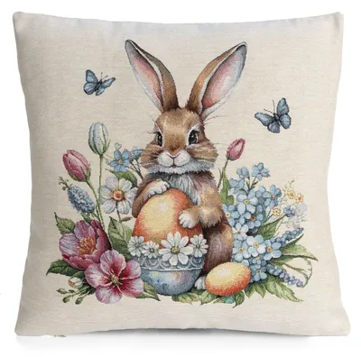 Zdjęcie produktu dla Poszewka gobelinowa na poduszkę 45x45 zając wiosenny pisanki
