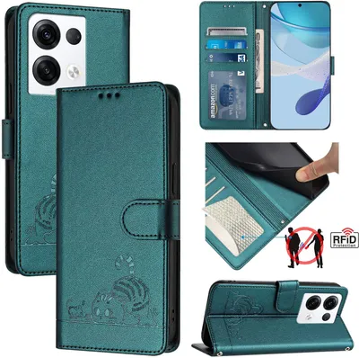Collage of images showing a green leather flip case for a phone, with close-ups of its features and design.