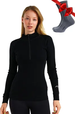 Productafbeelding van Thermisch damesshirt van 100% merinowol met halve rits, verkrijgbaar in drie gewichten