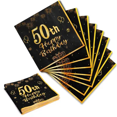 Servietten 50. Geburtstag, 20 Stück, schwarz-gold, 33x33 cm