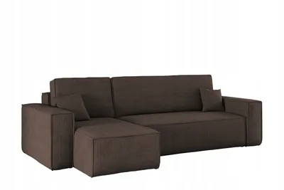 A brown corduroy sectional sofa with an ottoman is shown against a white background.