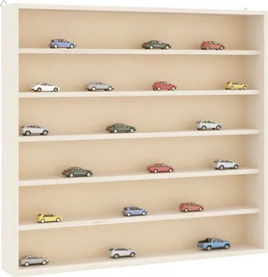 A white display cabinet with multiple shelves filled with miniature cars.