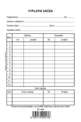 Zdjęcie produktu dla Tiskopis Výplatní sáček Baloušek, 120x180 mm, oboustranný