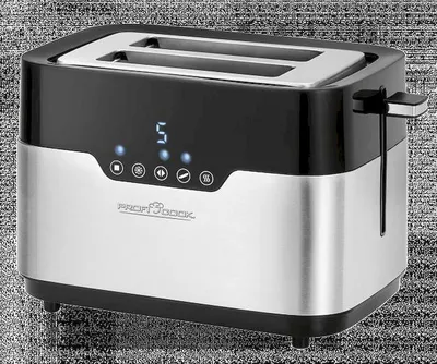 A toaster is shown from a front-diagonal angle against a textured gray background.