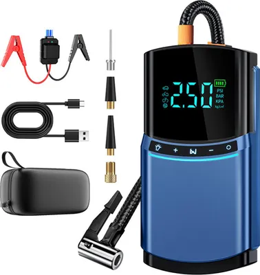 Produktbild von Multifunktionale 12V Starthilfe 10000 mAh, Luftkompressor, LED-Lampe, SOS-Funktion, digitale Anzeige, 80 W Leistung