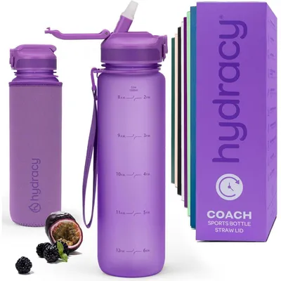 Produktbild von Trinkflasche mit Strohhalm und Zeitmarkierung 1L Berry Blue BPA-frei auslaufsicher kondensationsfrei