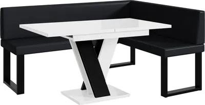 Produktbild von MEBLINI Eckbank für Esszimmer mit ausziehbarem Tisch - Küchenbank - Essecke - Sitzecke Küche - TONI - U-Beine 128x168x87cm Rechts - Schwarz Kunstleder/M Weiß-Schwarz Hochgl.