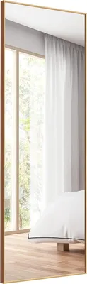 Produktbild von COSTWAY 56 x 150 cm HD pełnowymiarowe lustro do powieszenia lub pochylenia, lustro ścienne stojące lustro garderobiane lustro do sypialni, salonu i przedpokoju (złote)