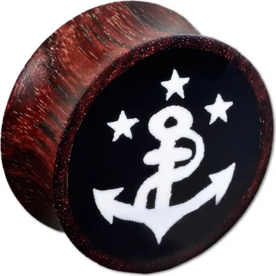 Produktbild von viva-adorno 1 Stück 20mm Double Flared Plug Flesh Tunnel Holz Anker Sterne Ohr Piercing handgefertigt Maritim Größe 6 - 30mm Z482,schwarz,Anker weiß