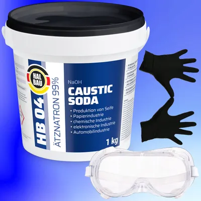 Produktbild von Ätzsoda Rohrreiniger 1kg Eimer Abflussfrei kaustisches Soda Natronlauge + Schutzbrille + Nitrillhandschuhe Arbeitskomfort Set HB04