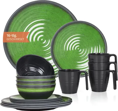 Produktbild von Melamin Camping Geschirr Set 4 Personen Stone Green + 4 Tassen Stone Kaffetassen Becher Tafelgeschirr Picknick BBQ Kochgeschirr
