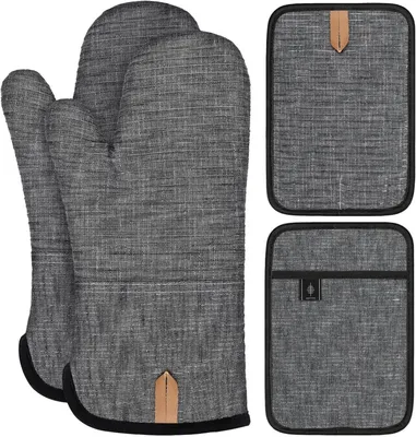 Produktbild von Topflappen und Ofenhandschuhe Set, Hitzebeständig mit Silikon - 4er Set - Grau