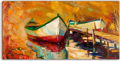 Produktbild von Coloray - Glasbild - 120x60 cm - Wandbild - Glasbilder - Kunst Oranges Meer Boote und Pier